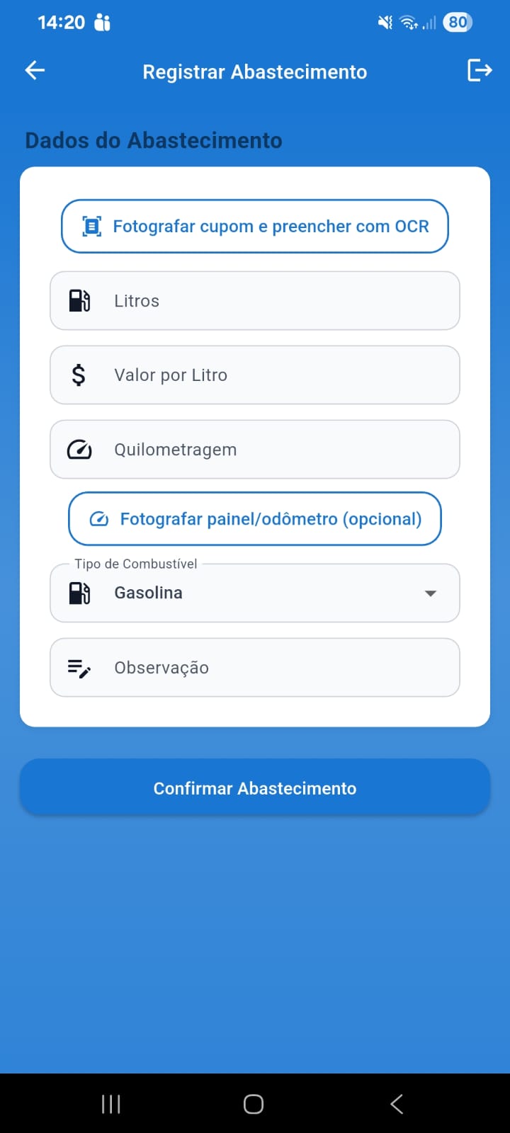Formulário de registro de abastecimento com OCR