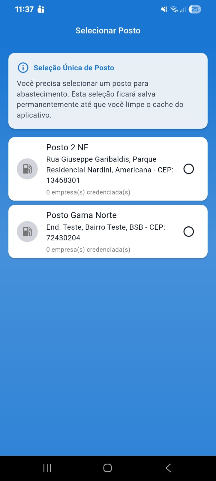 Tela do aplicativo para selecionar o posto