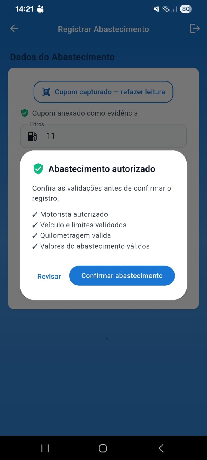 Aplicativo FuelEase validando o abastecimento antes da confirmação